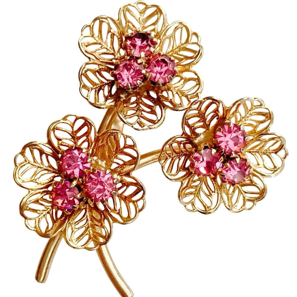 Vintage Mid Century Filigree Brooch Pink Rhinestone Floral Gold Tone 1950s 1960s